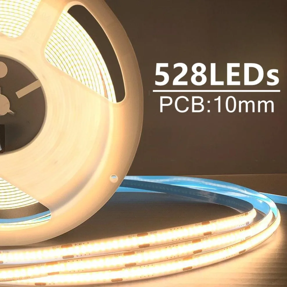 DC12V/24V COB LED Strip 528LEDs/M High Density Flexible COB LED Tape Light Bar 10MM PCB Linear Light For Home Bedroom Decoration