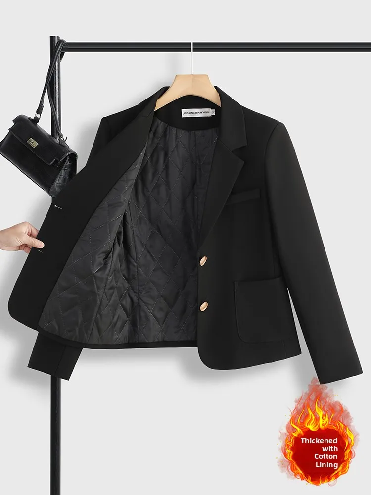 Black Thickened Winter Coat Women's Slim Fit Cotton Jacket High-End Feelings Commute Style Long Sleeve Single Button Closure