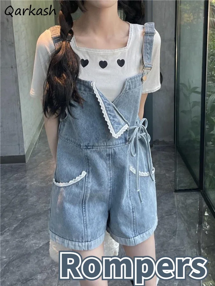 

Джинсовые комбинезоны, женские кружевные сексуальные нерегулярные эстетические летние кавайные уличные комбинезоны для девочек, мешковатые винтажные базовые повязки с широкими штанинами