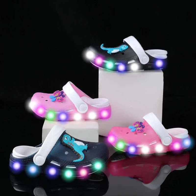 zapatillas con luces,Zapatillas brillantes para niños y niñas,zapatos de jardín 2 a 8 años,sandalias deslizantes de dinosaurio de dibujos animados,zuecos de playa,verano,color rosa,princesa,zapatillas de estar por casa