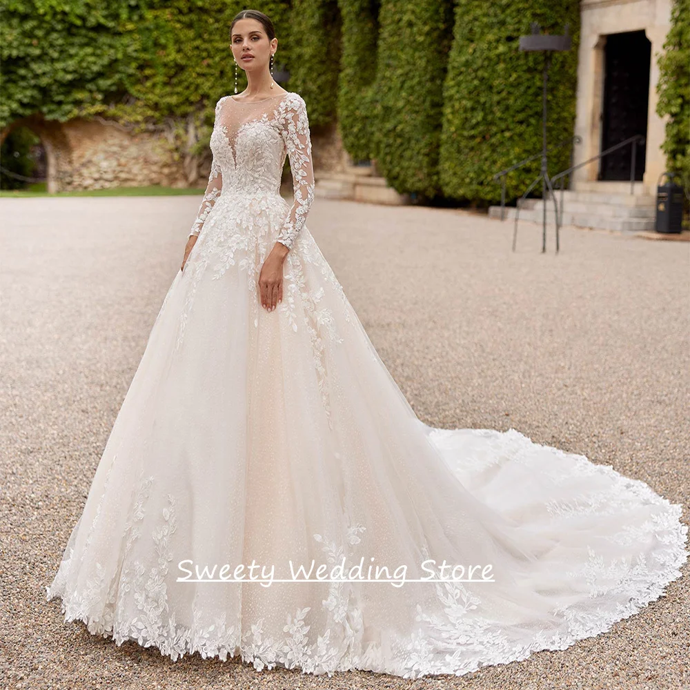 

Luxury Glitter Wedding Dress Vestido Noiva Customized Scoop Neck Long Sleeves Beading Applique Sweep Train Bridal Gown