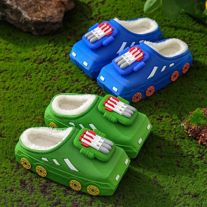 New Boys and Girls' Slippers Winter Plush Insulation Waterproof and Anti Slip Cotton Slippers Children's Cartoon Car Slippers