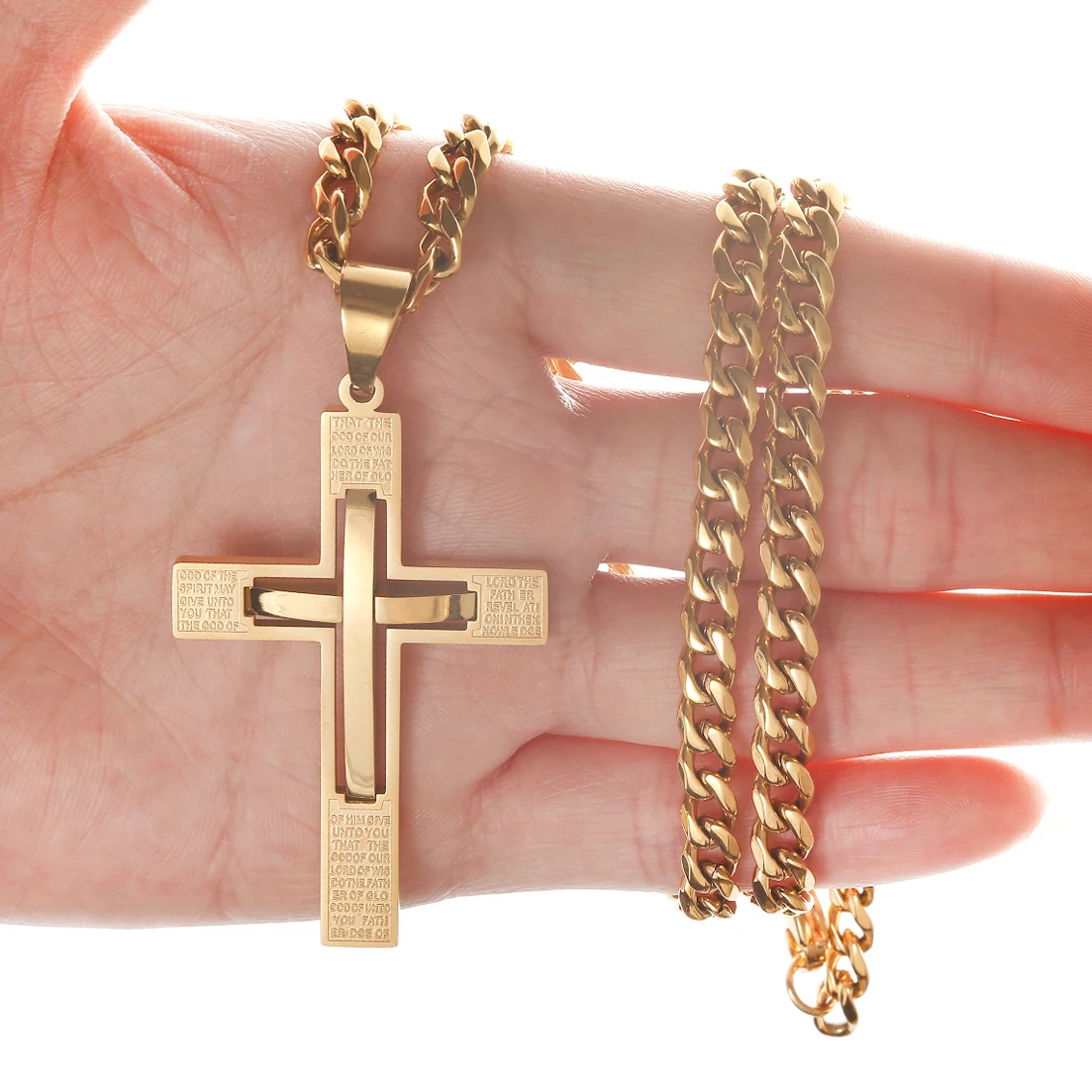 

Granny Chic Gold Tone 316L Stainless Steel Cross Pendant Necklace with Curb Cuban Link Chain Crucifix Jewelry 6mm 18-36inch