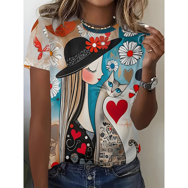 New Girl Portrait Cat T-Shirts Floral 3D Print Women's O-Neck Short Sleeve T Shirt Y2k Harajuku Tees Street Tops Female Clothing