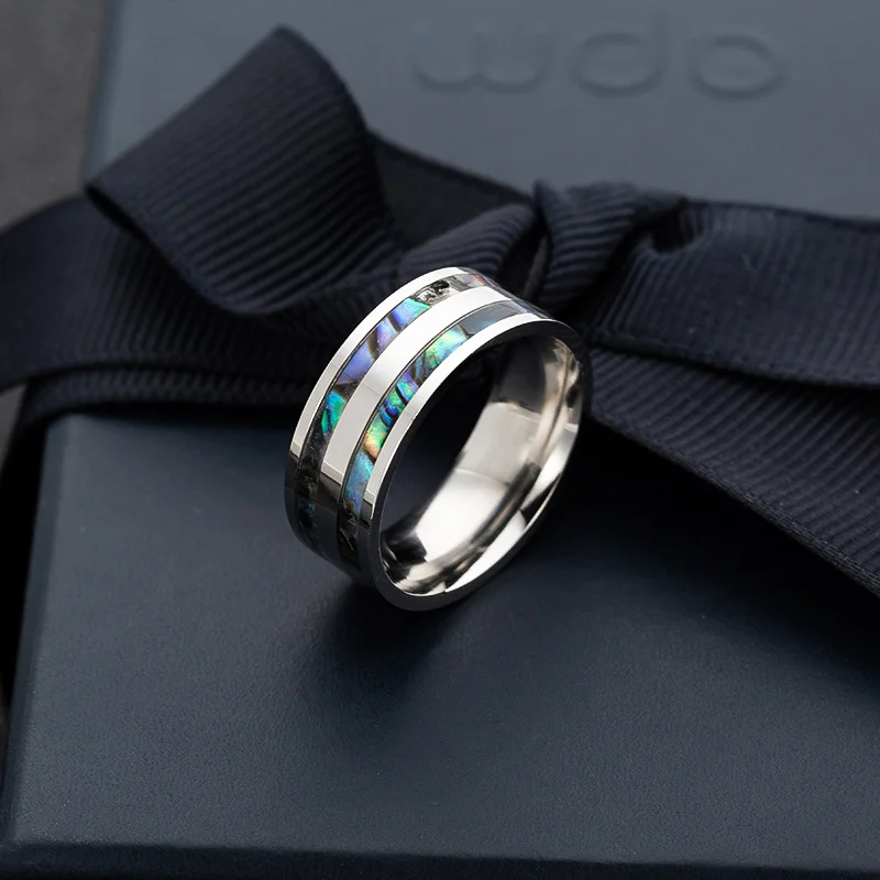 Kissmoon High Quality Stainless Steel Punk 8mm Wide Ring for Men Women Inlaid Abalone Shell Finger Ring Couples Jewelry Gift - view 5