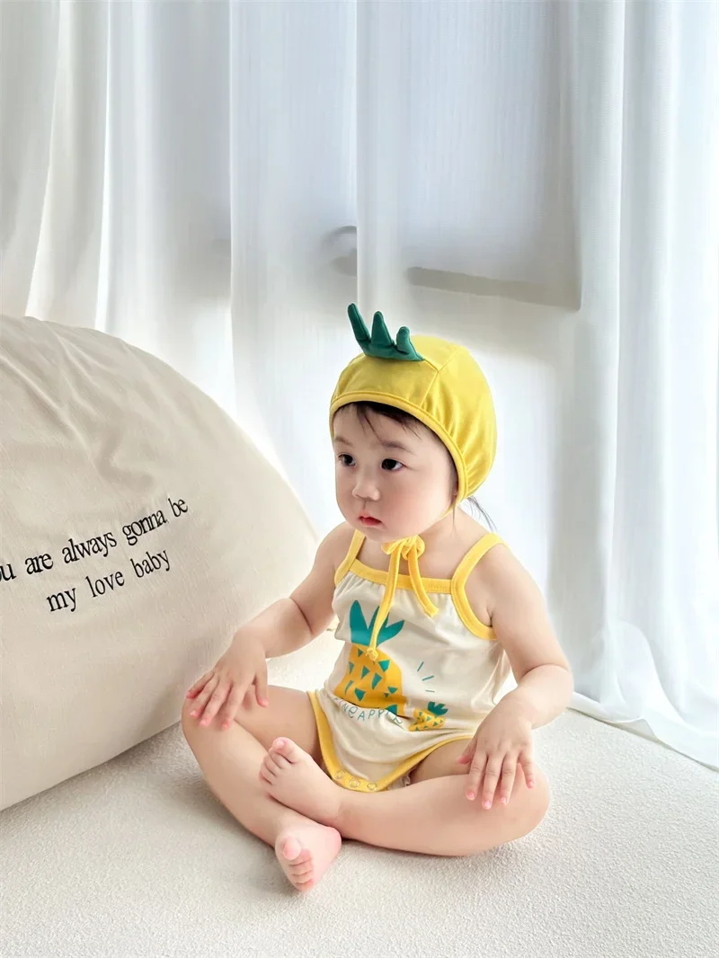 Newborn Baby Clothes Boy Girl Bodysuits ropa de bebe Short Sleeves Funny Pineapple Headband Cotton Baby Romper Sling Korean Baby