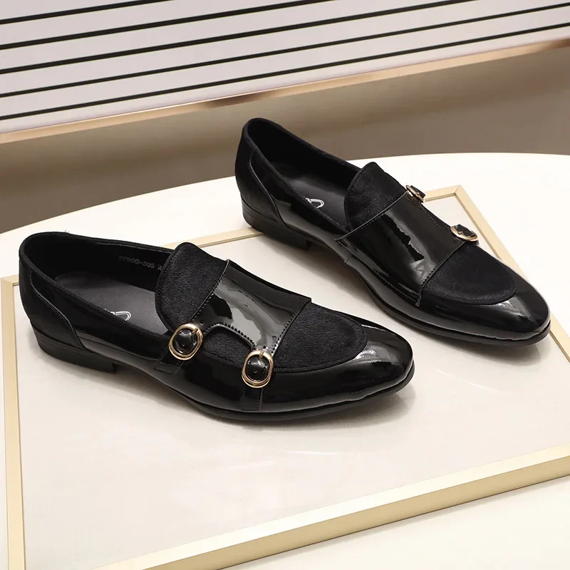 FELIX CHU Men\'s Patent Leather Monk Strap Dress Shoes Wedding Loafers Horse Hair Detail Casual Formal Party Gentlemen Footwear