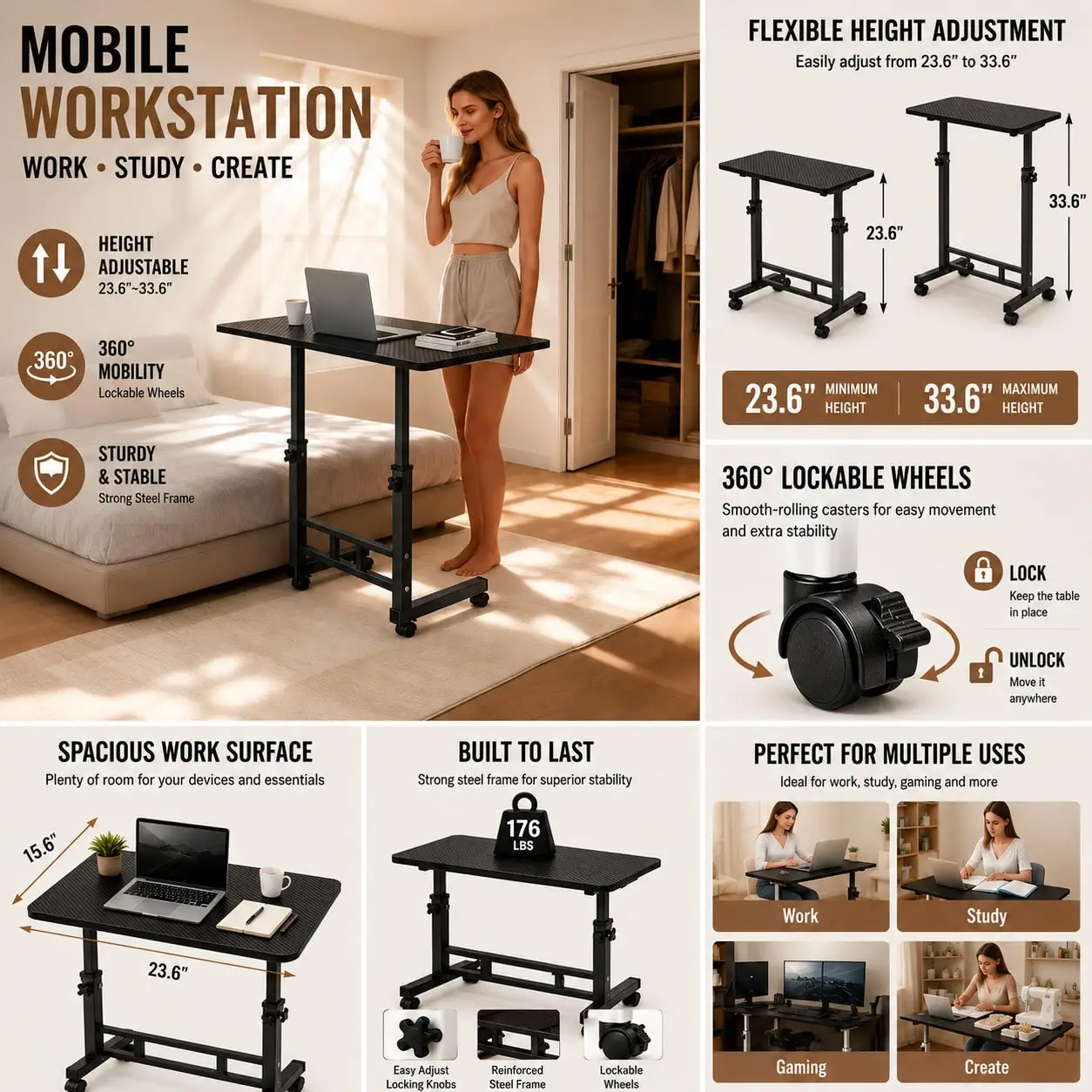 Height Adjustable Mobile Workstation Table With Lockable Wheels, Carbon Fiber Desktop & Heavy-Duty Steel Frame, Rolling Desk For Tattoo, Home Office, Crafts, Gaming, Study & Garden