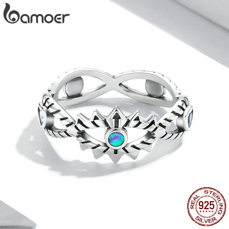 BAMOER 925 Sterling Silver Hollow Design Shining Demon Eye Ring for Women Cool Band Ring Size 6 7 8 Women Statement Jewelry Gift