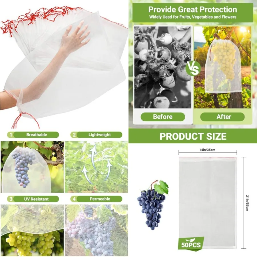 

Mesh Fruit Protector Bags, 50 PCS 14x21 Inch Large Fruit Bags for Fruit Trees, Durable Garden Barrier Netting Bag Protect Water