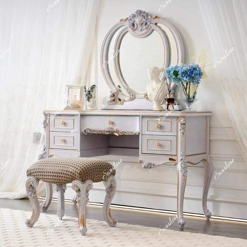 

European-style apartment dressing table mirror solid wood carved dressing table combination