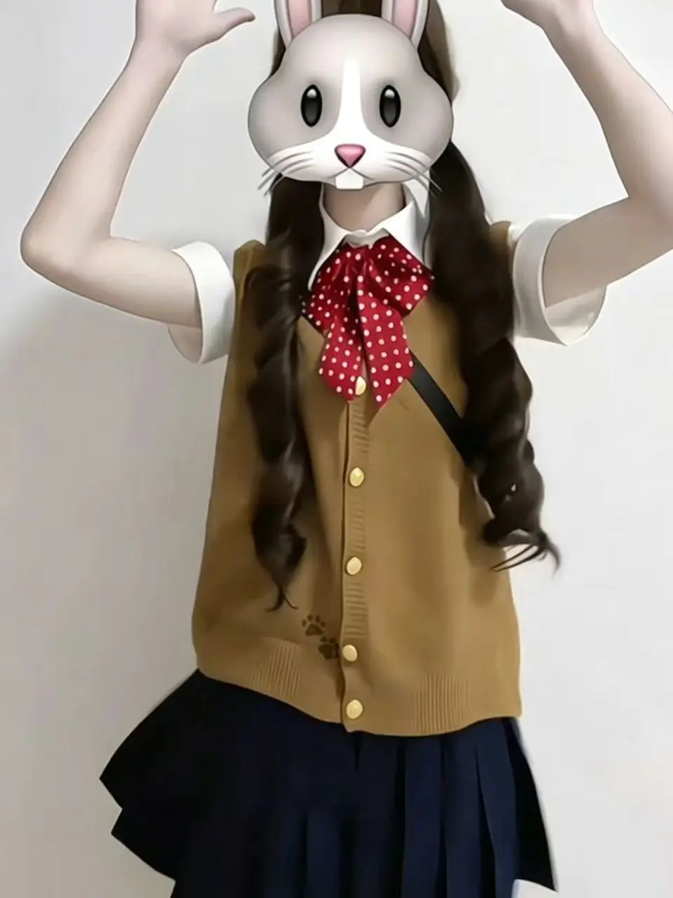 Brown Knitted Open Cardigan Vest Set with Waist-Cinching Stripe Shirt And Intense Blue Short Skirt College Style JK Uniform