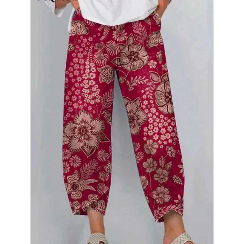 Damen Baumwoll-Caprihose mit Blumenmuster, Lässige Weite Haremshose in Knöchellänge mit Tulpenabschluss, Jogginghose für Tägliche Outdoor-Aktivitäten – Detail 11