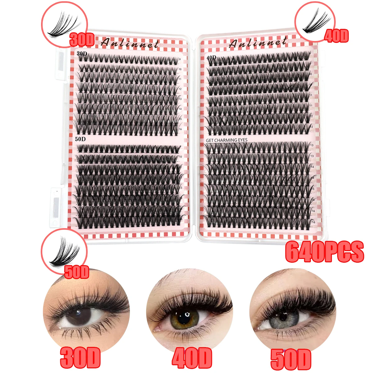 32 Reihen DIY Wimpernverlängerungsset 640 Stück Wimperncluster 30D/40D/50D Wispy Einzelwimpern Mix 9-16mm Cluster Wimpernverlängerung