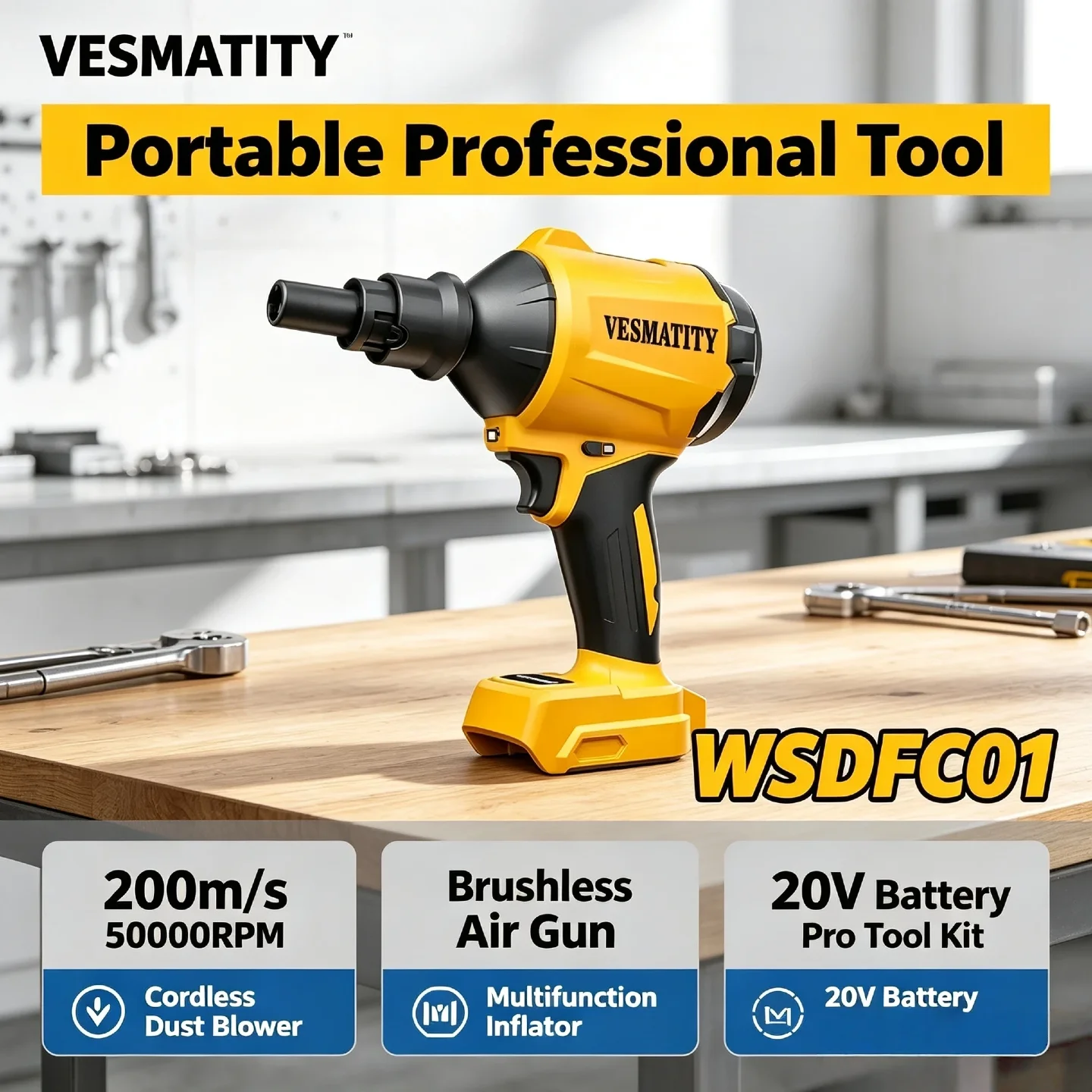 VESMATITY WSDFC01 Cordless Dust Blower Brushless Air Gun 200m/s 50000RPM Multifunction Inflator for 20V Battery High Power