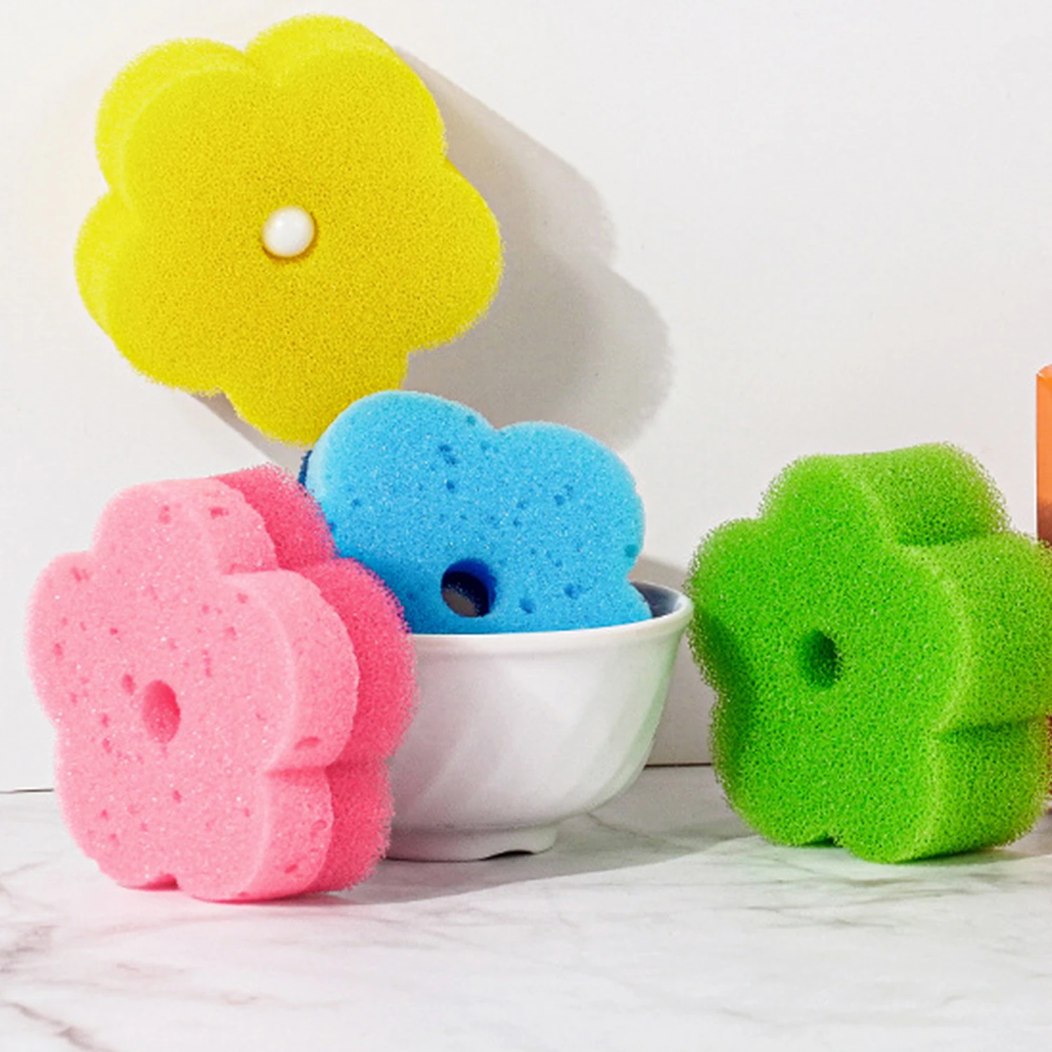 3PCS Sponge Scouring Pads Flower Shape Random Color Sponge Brush Tableware Glass Wash Dishes Sponge Kitchen Home Cleaning Tool