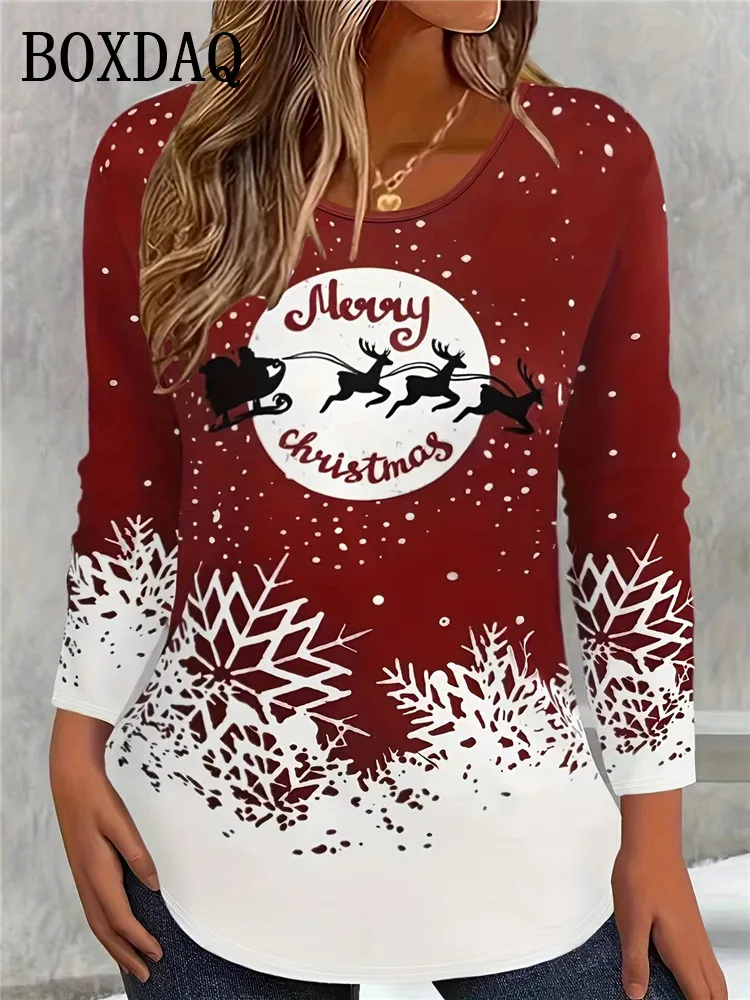 2025 Winter Merry Christmas Party T Shirt Women 3D Print Long Sleeve Tops Womens Clothing Casual Cute Funny Elk Female Clothes
