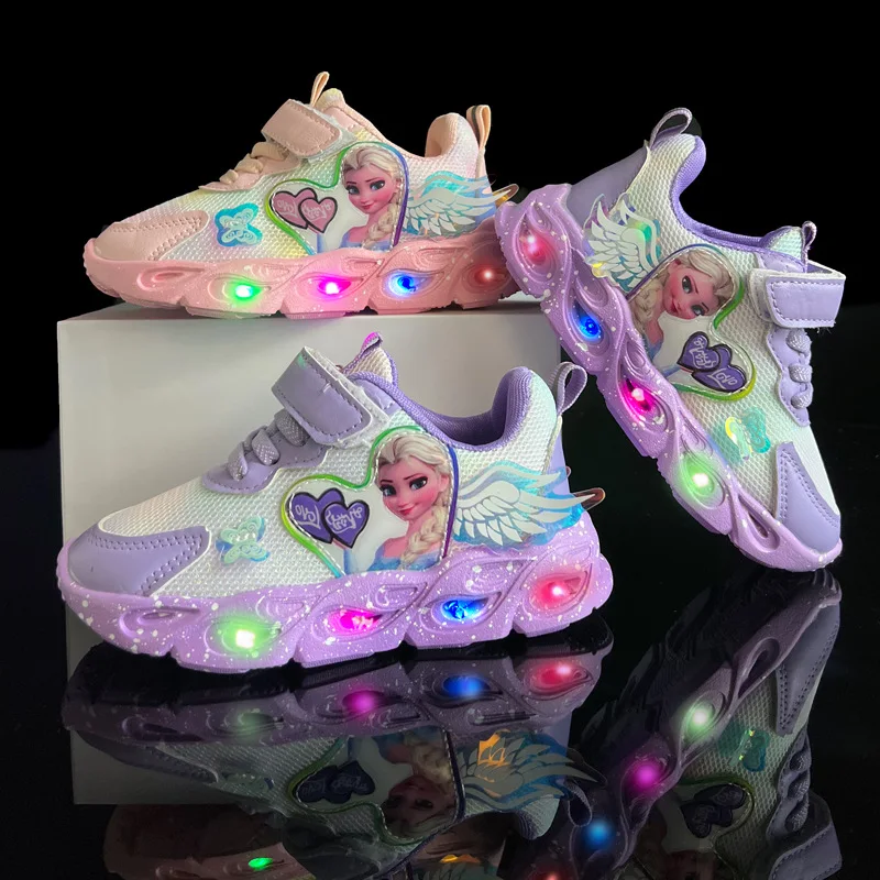 

Disney LED Casual Sneakers For Spring Girls Frozen Elsa Princess Print Pu Leather Shoes Children Lighted Non-slip Pink Purple
