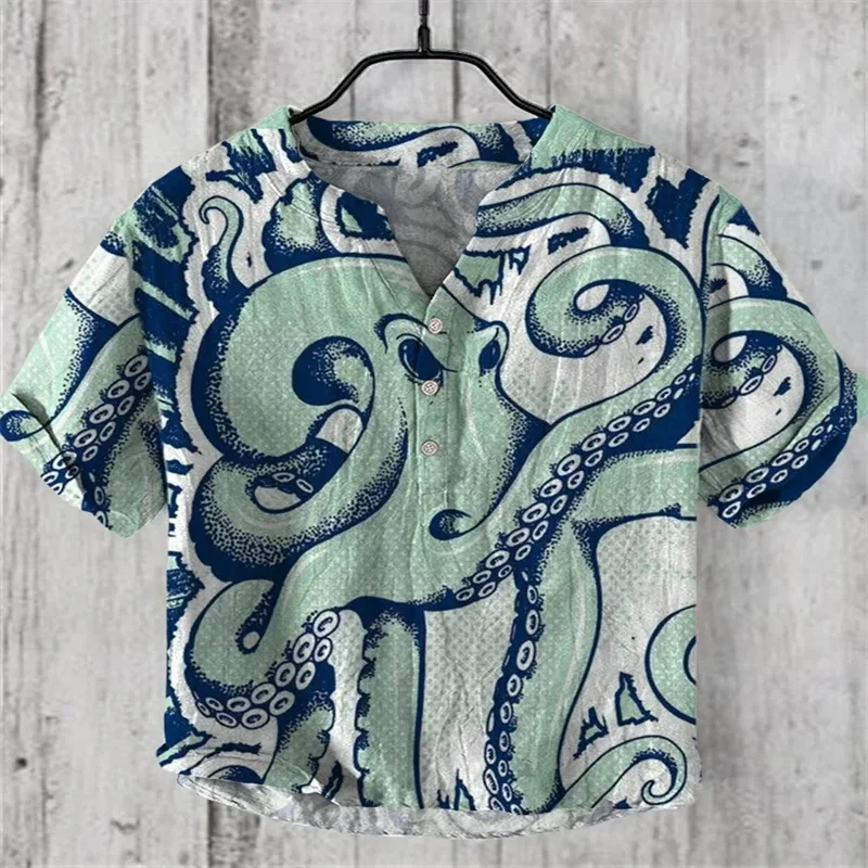 

Spring and Summer Men's and Women's Casual Shirts Blue Octopus Short Sleeve Linen Shirt Hawaiian Style 3D Printed Shirt Men's To