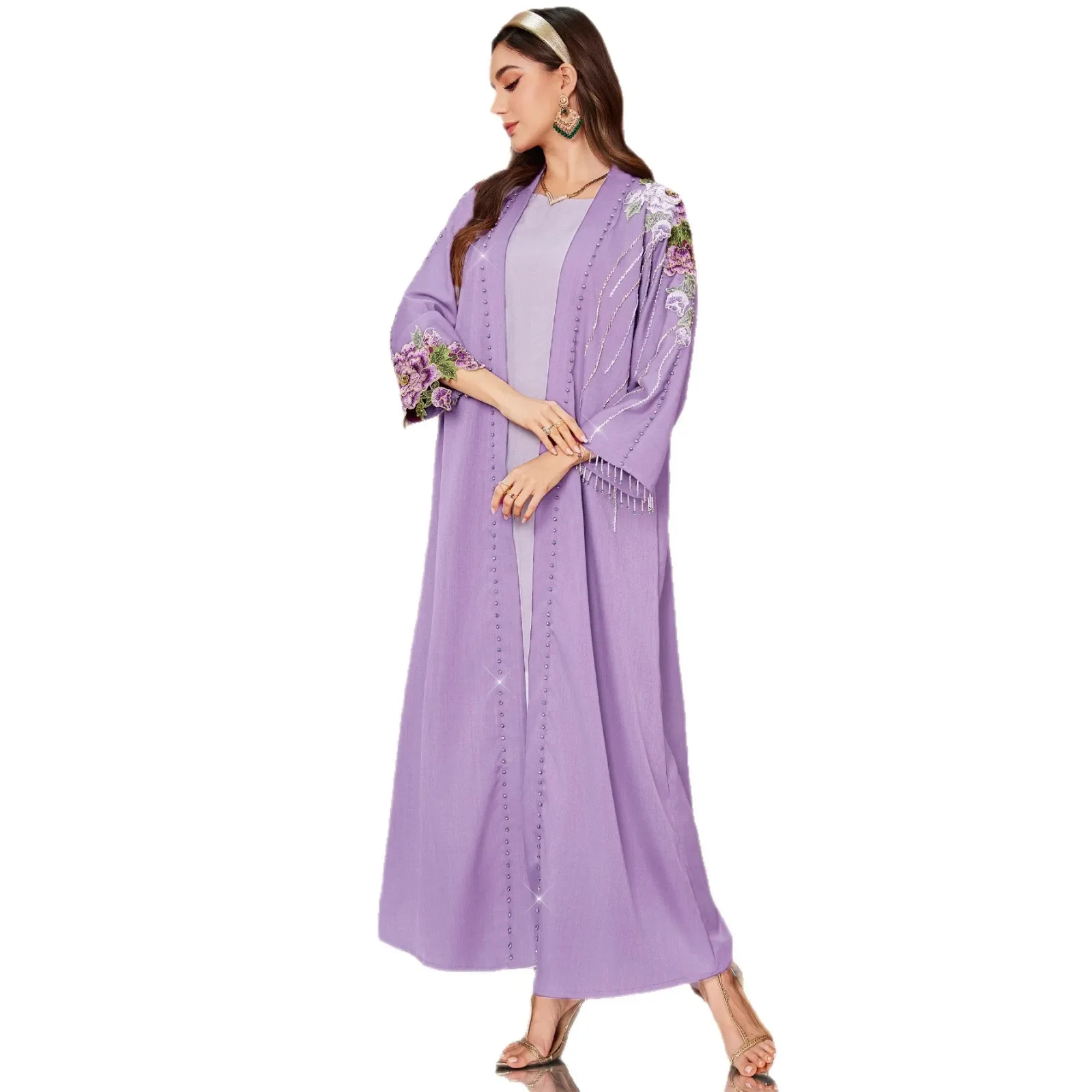 

Eid Women Party abaya hand-stitched beading Cardigan Robe Open Jalabiya Embroidery Muslim Ramadan Morocco Dubai Kaftan Vestidos