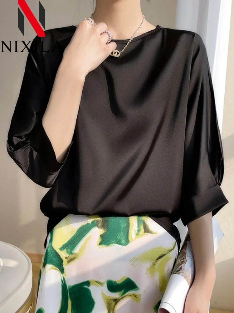 New Summer Oversized T Shirt Women\'s Blouses Shoort Sleeve Round Neck Elegant Silk Satin Shirt Fashion Top Vintage Women Clothes