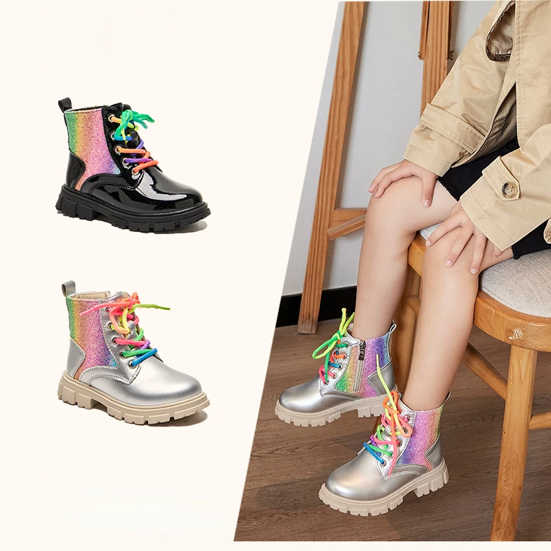 Fashion Girls Boots Colorful Sequins Kids Princess Shoes Soft Sole Patent Leather Ankle Boot Non-slip Children Performance Botas