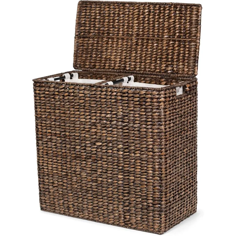 Handwoven Natural Seagrass Fiber Compartment Laundry Hamper W/Dual Removable Liners Bag Side Basket for Dirty Laundry Brown Wash