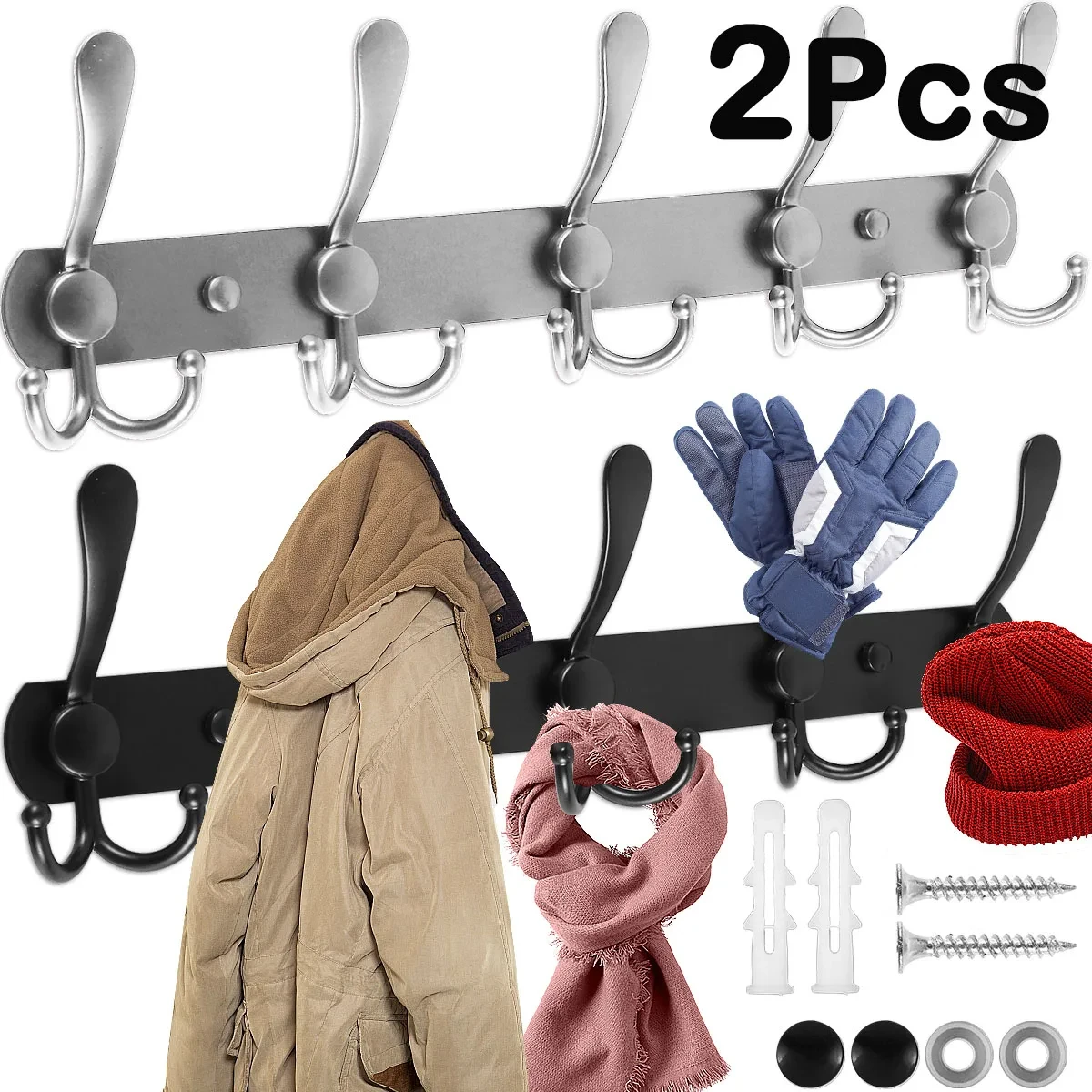 

2Pcs Coat Hooks Wall-mounted Stainless Steels Coat Rack with 5 Hooks Bathroom Towel Hanger Kitchen Organizer Accessories New