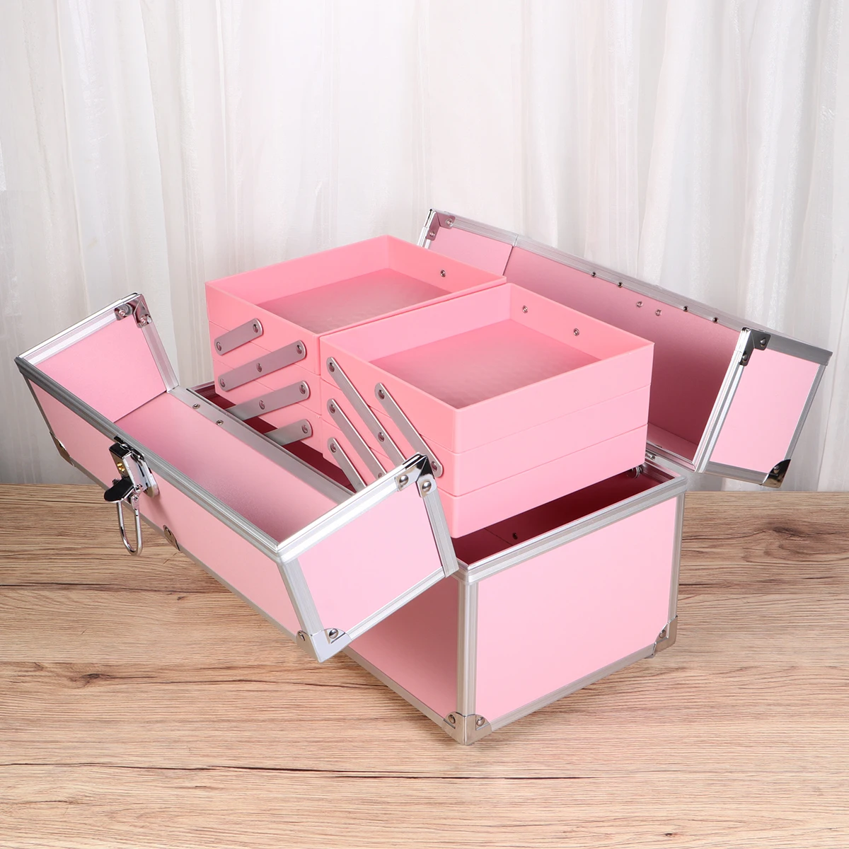

High Capacity Foldable Box 3 Tiers ganizer for Jewelry Pink Travel Makeup Train Case Large Space Extendable Sides