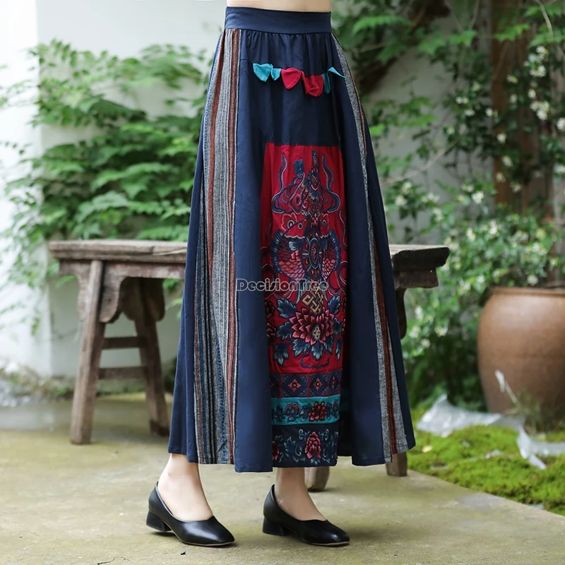 

2025 new chinese ethnic-style cotton and linen patchwork design embroidered elastic waist half-length retro large hem skirt t001