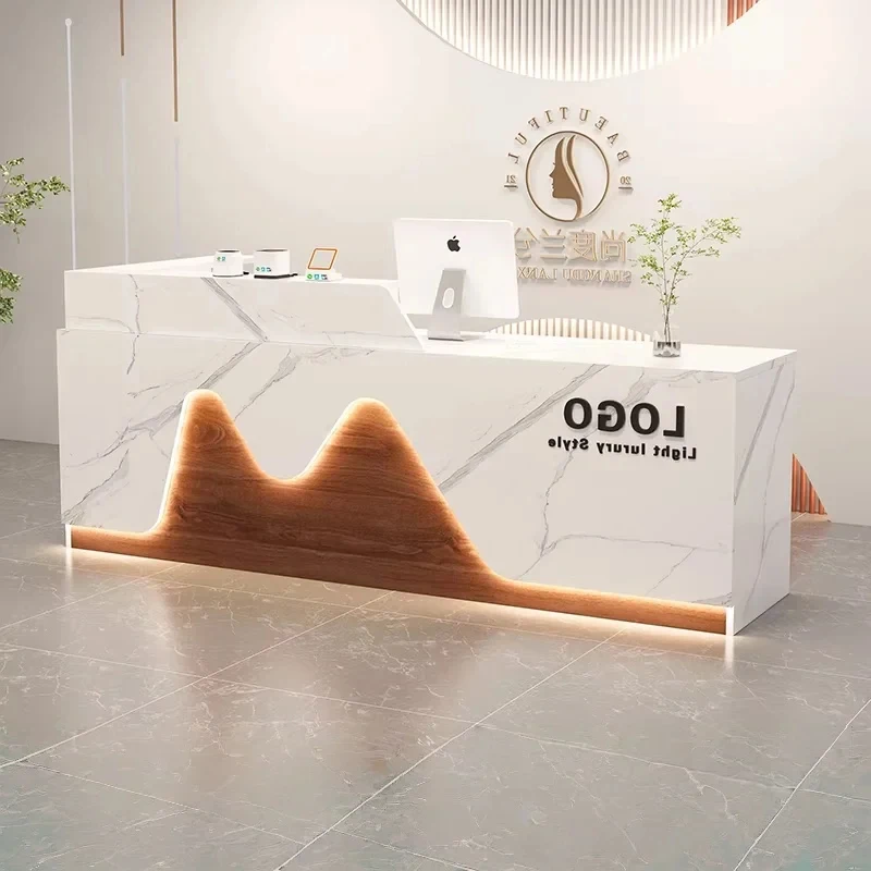 custom.Modern Custom Reception Desk Beauty Salon Spa Gym-White Curved Wooden Design LED Lighting Heavy Duty Sol