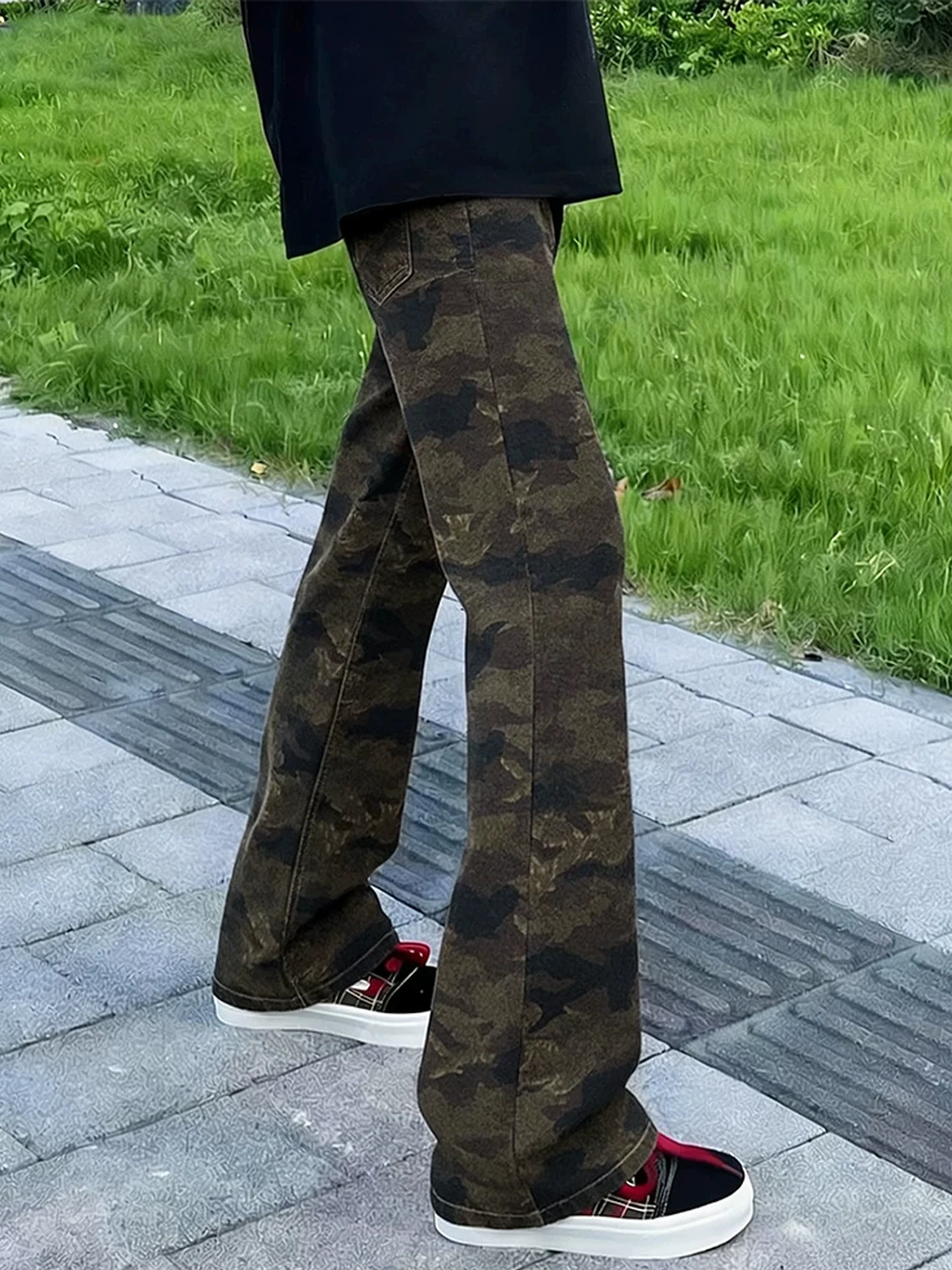 

American Retro Camouflage Fleece Lined Men's Jeans High Waist Straight Leg Workwear Trousers Vibe High Street Style