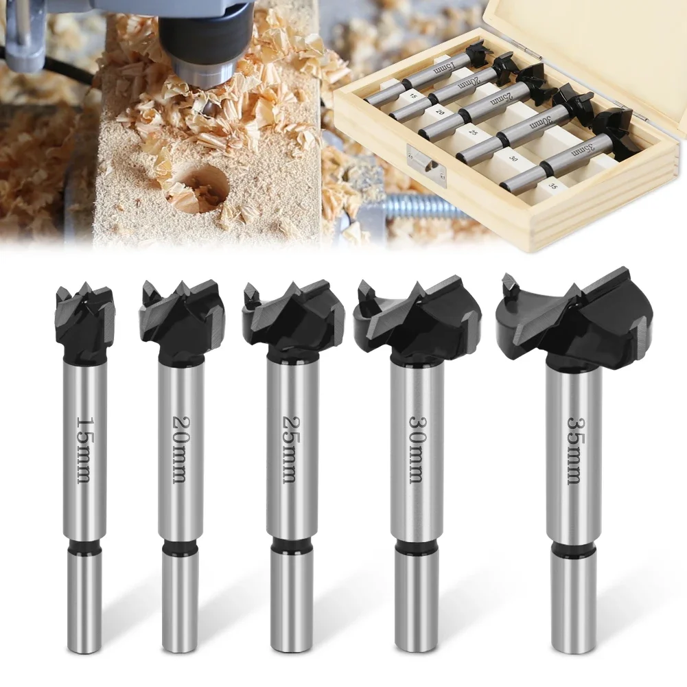 

5Pcs Forstner Woodworking Tools Hole Saw Hinge Boring Drill Bits Round Shank High Carbon Steel Cutter 15-20-25-30-35mm
