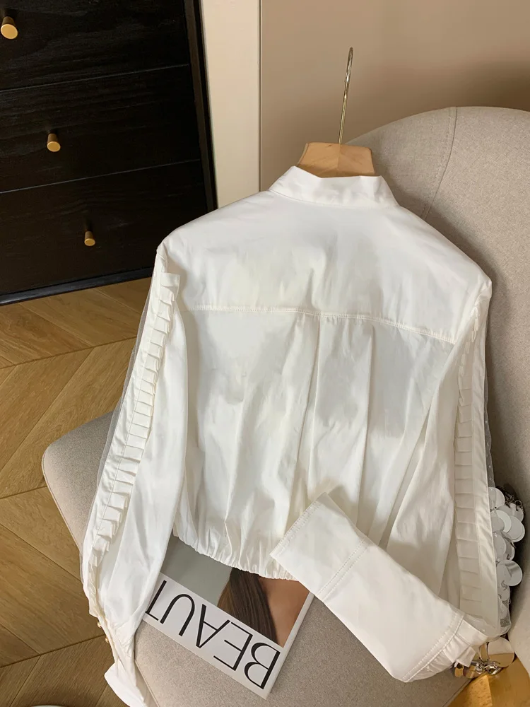 

Korean Sle Slim Fit irt with Bow Tie Decorations Stand Collar ort Length Button Plaet Pure Color Commute Sle