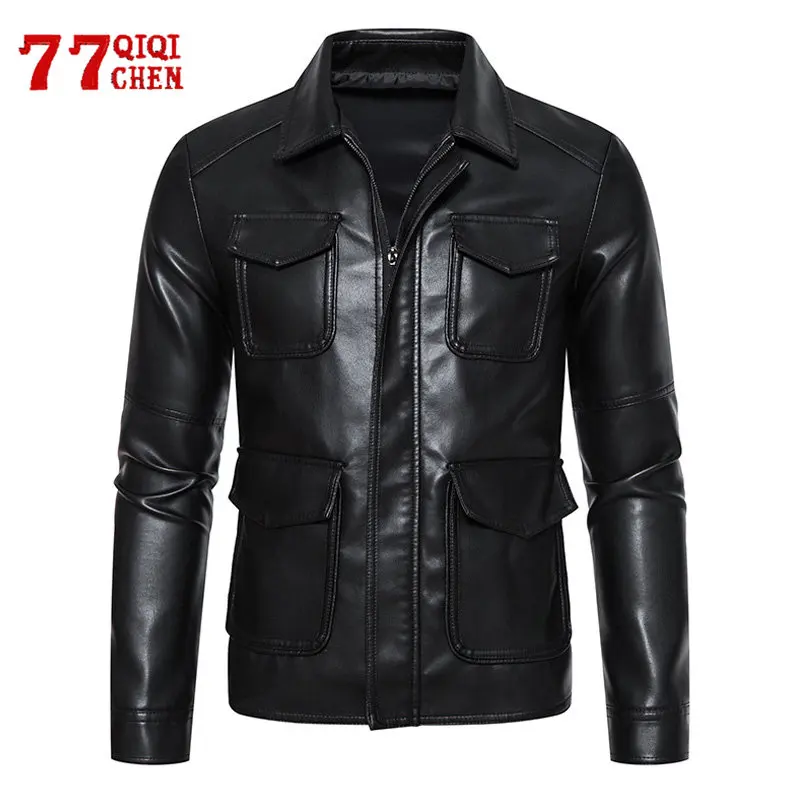 

Autumn Faux Leather Jackets Men Lapel Multiple Pockets Zipper Biker Motorcycle Jacket Fashion Casual Slim Coat Male Chaquetas