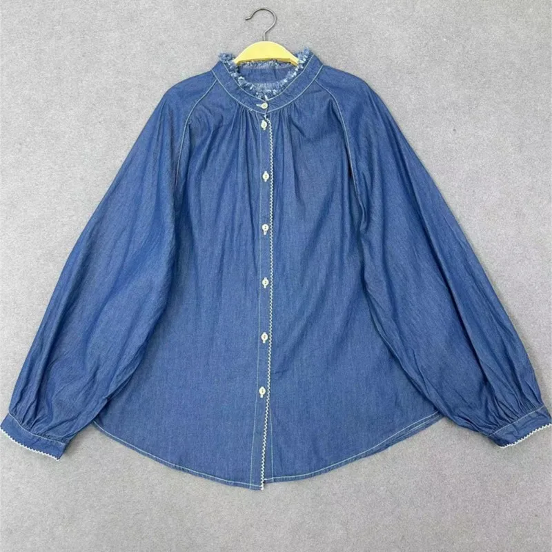 Johnature Fall 2024 New Casual Lace Denim Shirts Ruffles Collar Loose Simple Vintage Denim Thin Shirts