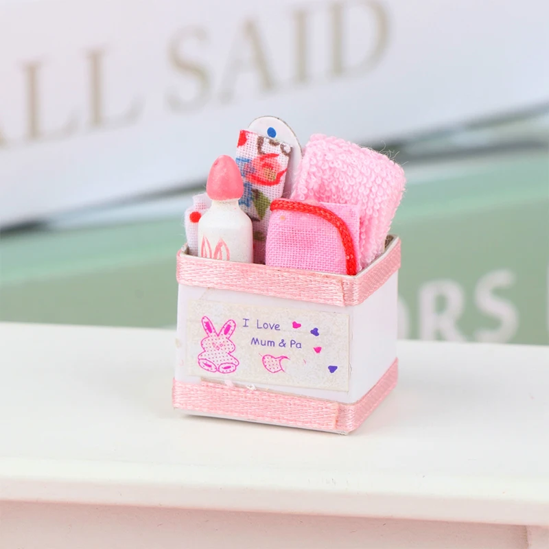 1 Set 1:12 Miniature Baby Basket Box With Toys And Milk Bottle Towel Pink Nursery Room Set Dollhouse Accessories Dollhouse Decor