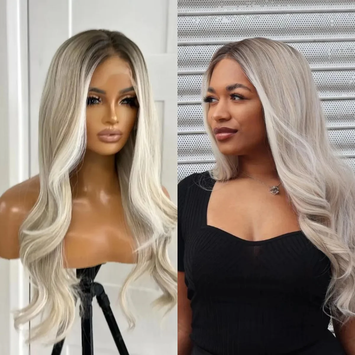 

24”Natural Wave Wig Ombre 13x4 Platinum Blonde Synthetic HD Lace Front Wig For Women High Quality Glueless Wigs With Dark Roots