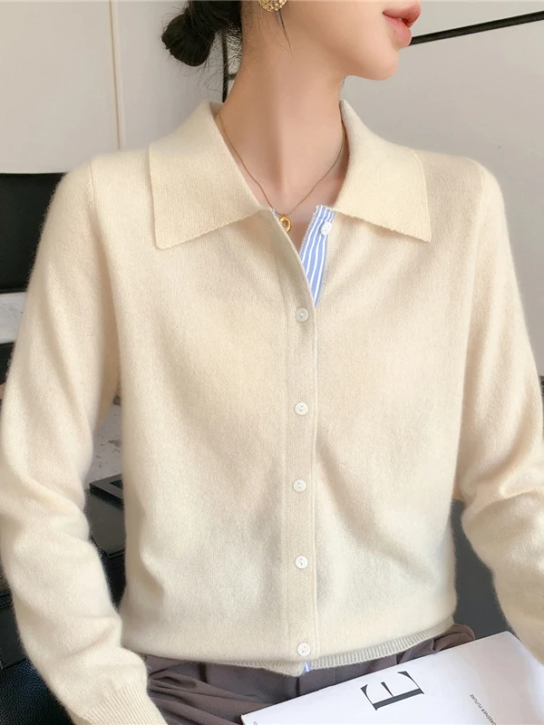 가을 신상 슬림 앤디 페이스 칼라 여성 니트 스웨터 코트 컬러 블록 슬림핏 패셔너블 롱 스웨터 보온성