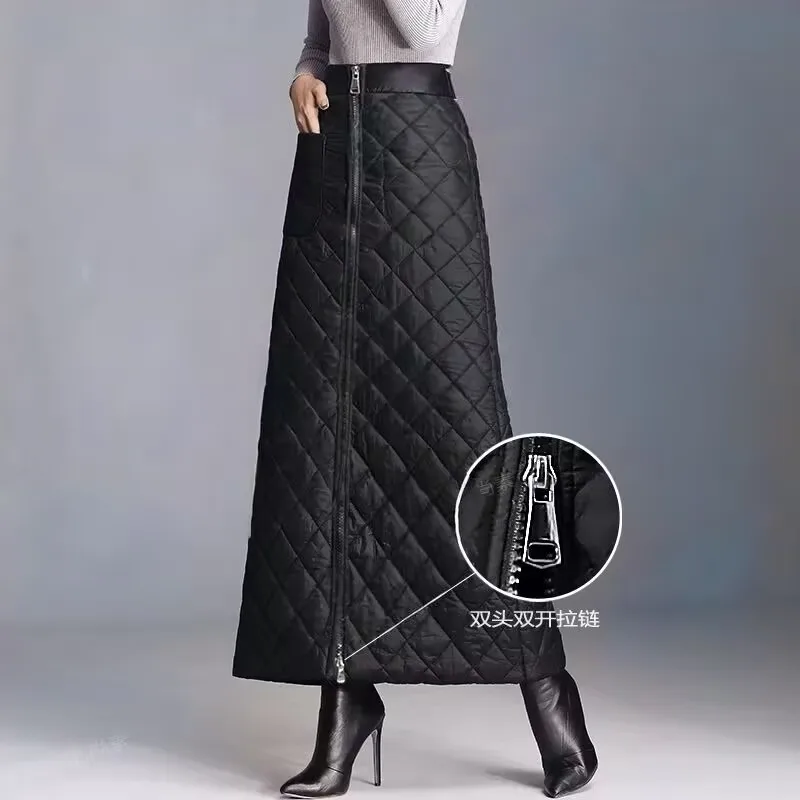 Windproof Kneepad Thick Warm Down Cotton Skirts Autumn Winter High Waist Long Skirt Windproof Fashion One-piece Mid-Length Skirt