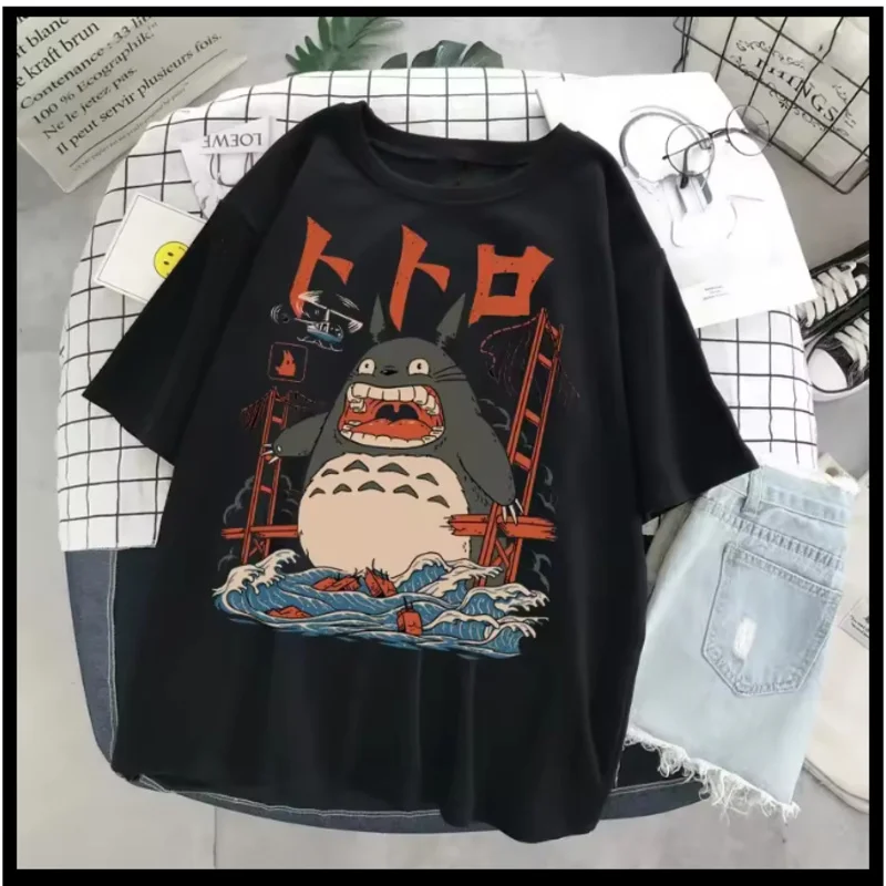 Hayao Miyazaki Anime Series Totoro Printed Men'S And Women'S Casual Loose Round Neck Short Sleeves Harajuku Anime Tshirt