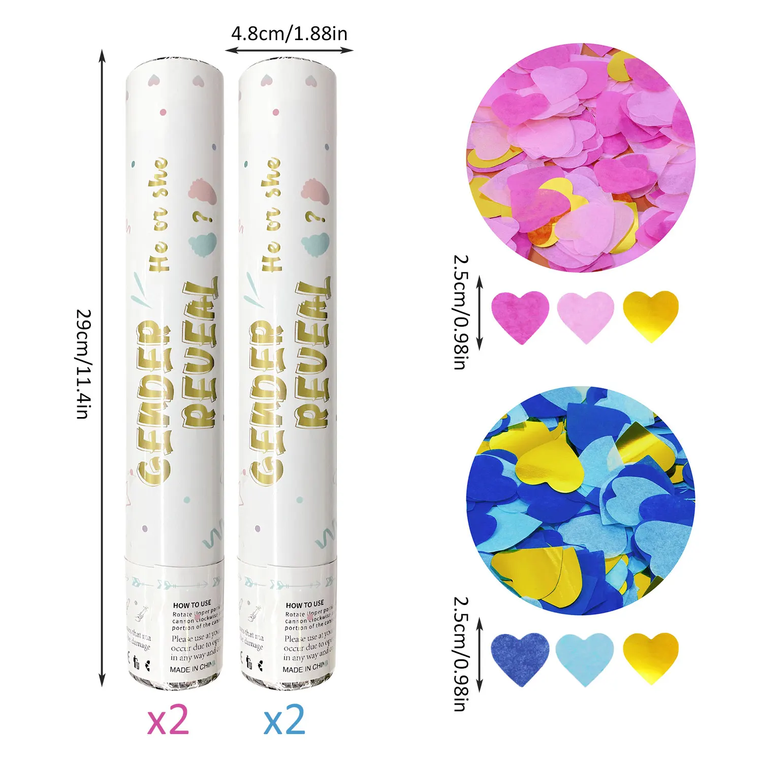 4 عبوات من قصاصات النثار الوردية للكشف عن الجنس على شكل قلب، قصاصات حفلات بوبرس للأولاد والبنات، تكشف عن الجنس، رماة الحفلات