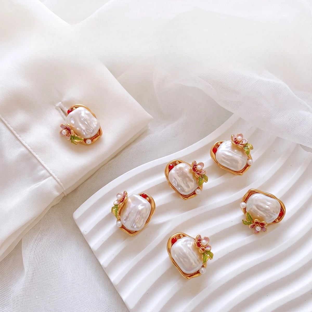 Baroque Pearl Enamel Red Zirconia Button Covers for Women Shirt Button Cover Elegant Blouse Accessories Wedding Gift for Her