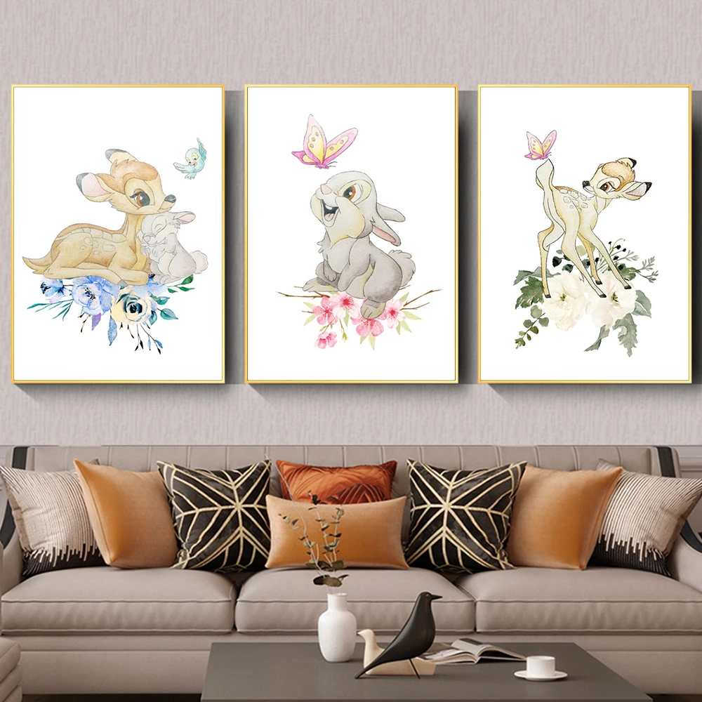 Disney Cartoon Bambi and Thumper Print Canvas Painting Watercolor Posters Wall Art Pictures for Kids Bedroom Nursery Home Decor