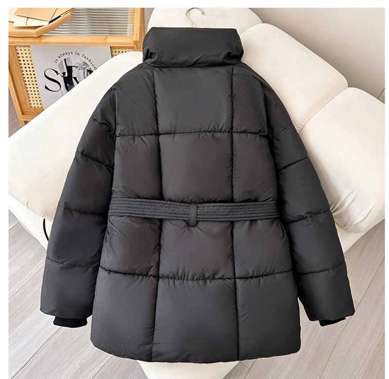 Advanced with Waist Cinching Tie Up Black Cotton Jacket Women's 2026 Winter New Korean Version Stand Collar Coat Female Parkas