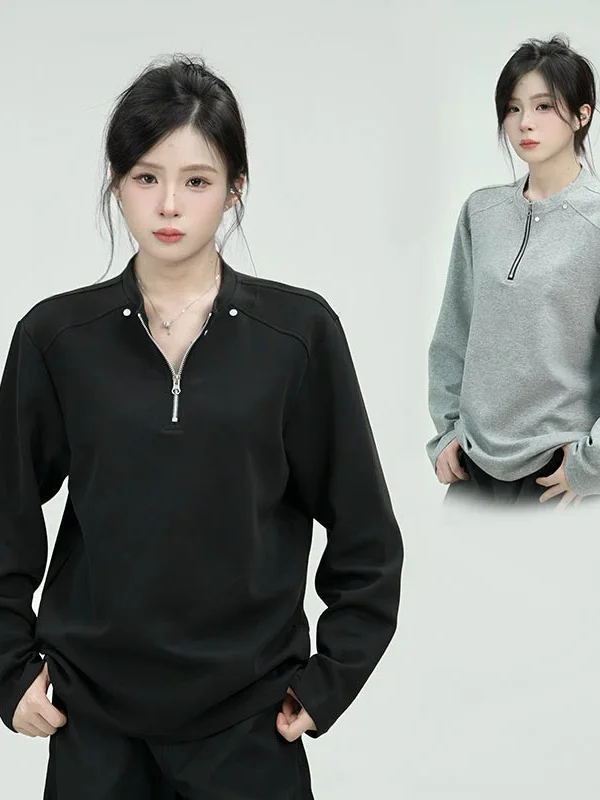 

Мужская повседневная футболка с длинным рукавом, на молнии, с заклепками на плечах, универсальная базовая модель, с воротником-стойкой, осенний топ