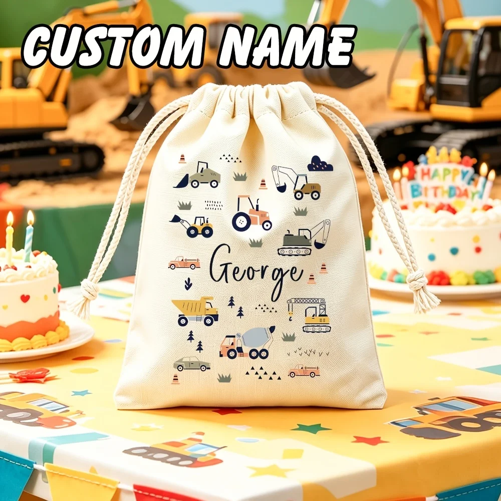 1Pc Custom Name/Text Imitation Hemp Gift Bag, Car Theme Drawstring Closure Storage Bags, Suitable for Birthday Party Candy Bag