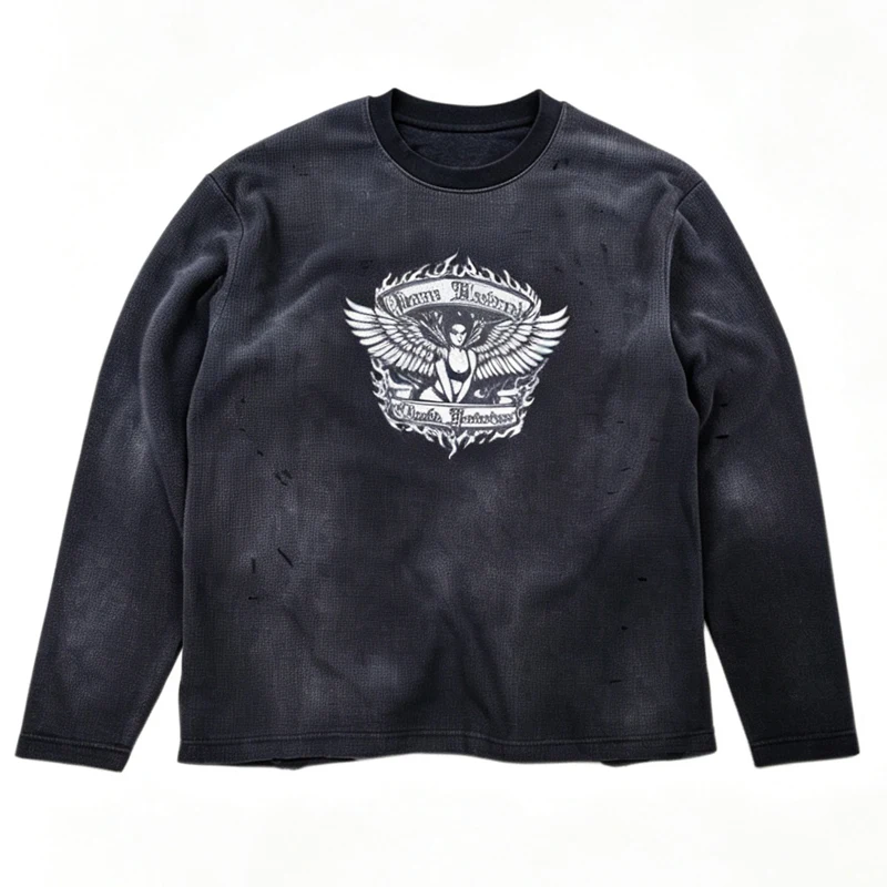 Vintage Trend Gothic Ripped Hole Long Sleeve Tee Couple Casual High‑Quality Washed Loose‑Fit T-Shirt