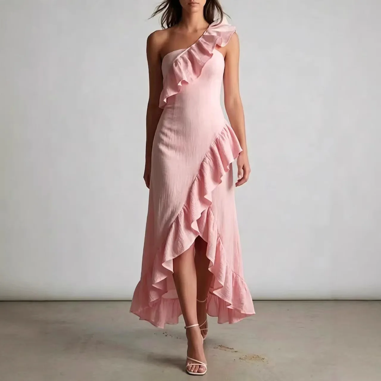 Slant Neck Off Shoulder Sexy Ruffle Edge Pleated Elegant Dress For Women's Summer Style Formal Party Versatile Temperament Dress