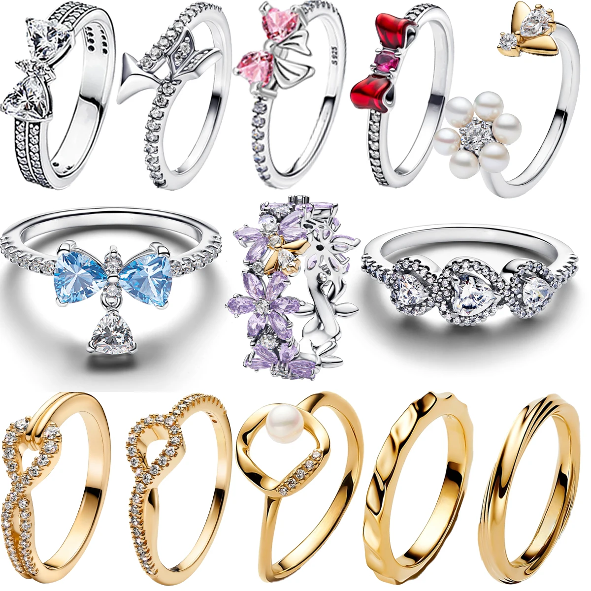 

Luxury Original 925 Sterling Silver Rings Heart Bow Flower Pearl Bee Rings For Women Fine Jewelry Party Valentines Day Gift